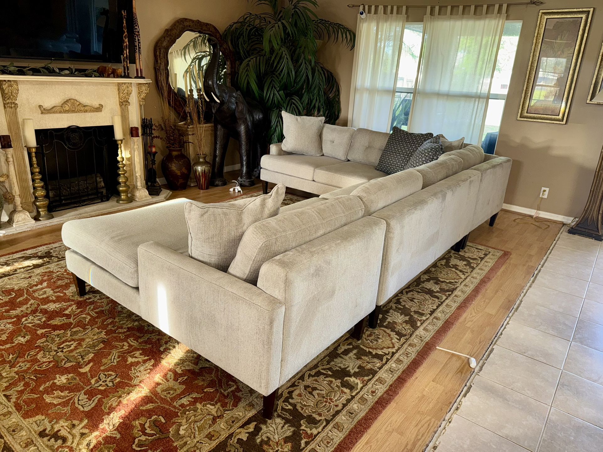 Family Room Size Grey Fabric Sectional Set