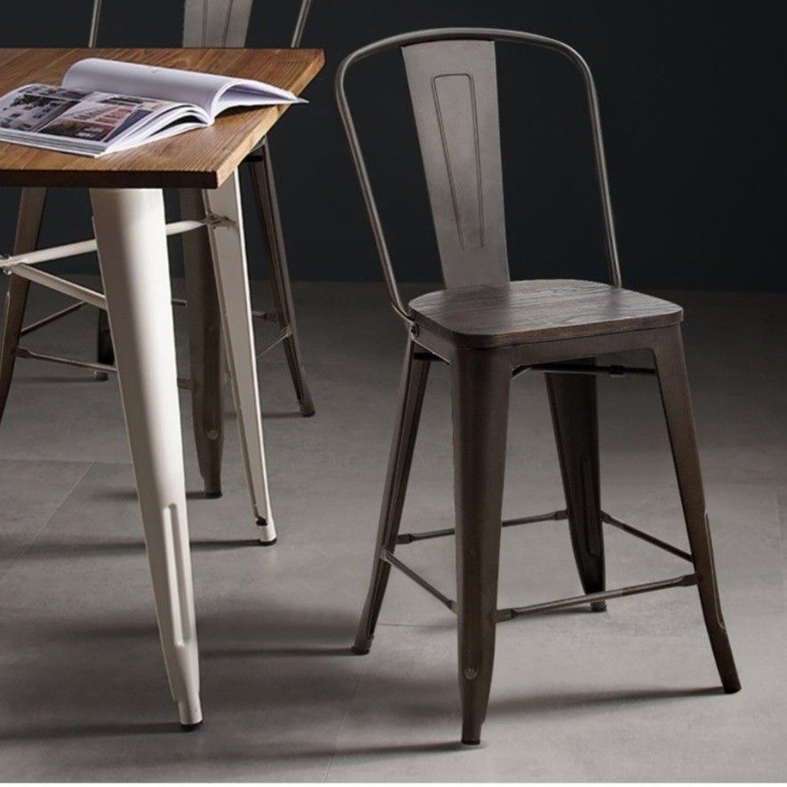 Set Of Tolix Style Metal Dining Chairs W/ Wood Seat Kitchen Gu🏠🏠🏠