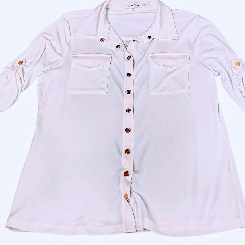 Bright White Women's Calvin Klein Blouse with Gold Snaps