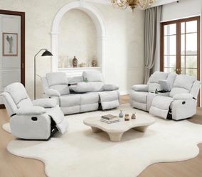 Gray chenille fully reclining three piece couch set