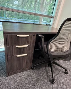 Modern Office Desk with File Cabinet & Ergonomic Mesh Chair – 2 Available