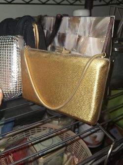 Vintage Gold Matte Hard Shell Evening Clutch Bag with vintage Revlon compact