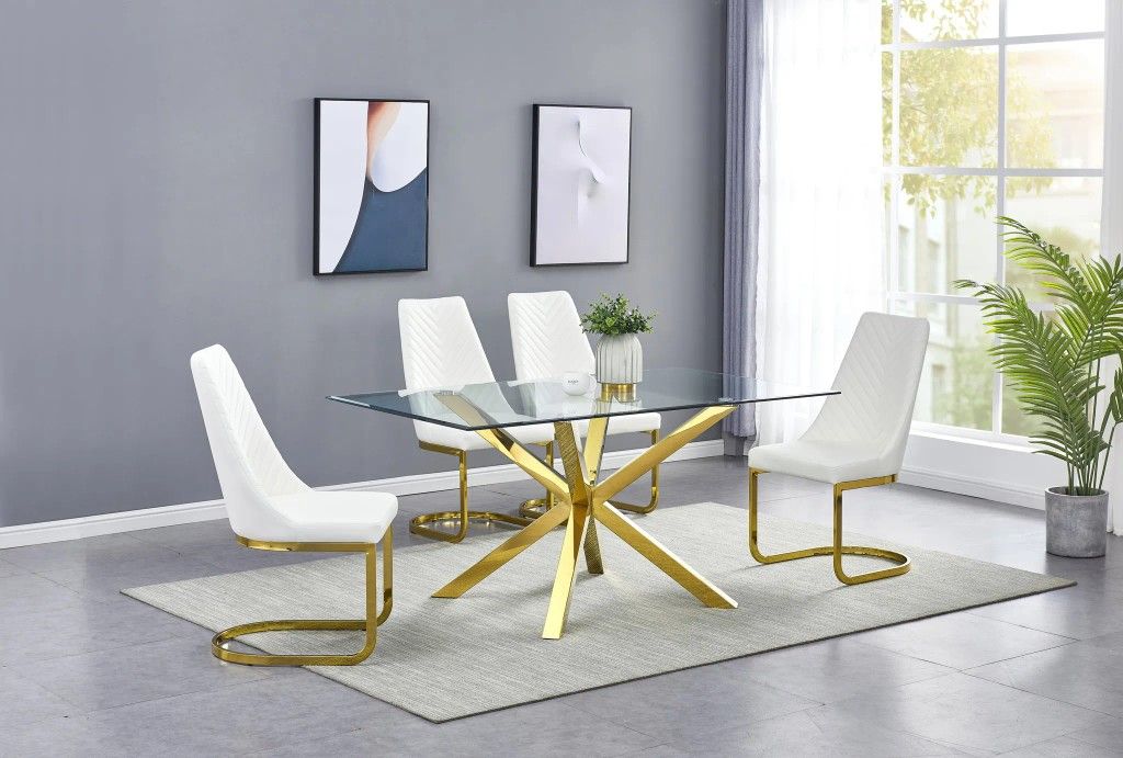 RETRO VIBE WHITE BONDED LEATHER CHAIRS GOLD BASE GLASS TOP 5 PIECE DINING TABLE SET