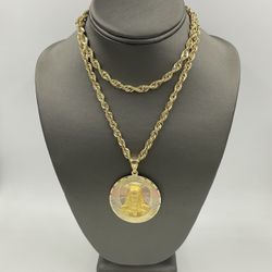 10KT YELLOW GOLD 30” ROPE CHAIN 18.0GR 4.5MM W/ 14KT TRI-COLOR GOLD ROUND JESUS CHARM 12.6GR