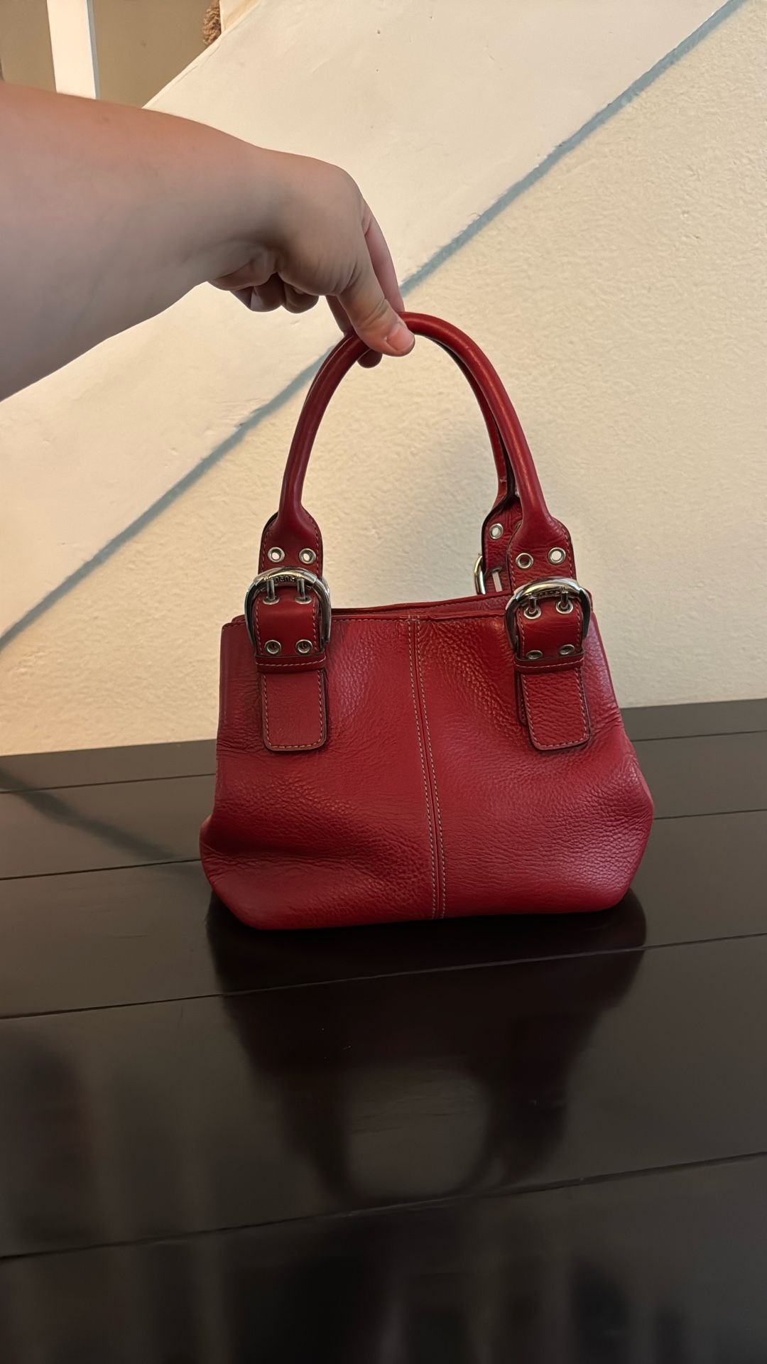 Gorgeous Tignanello Red Pebbled Leather Handbag with Silver Buckles