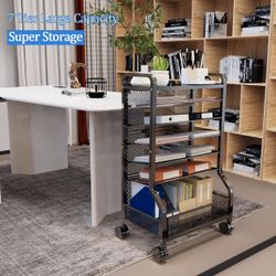 Strong Sturdy Metal 7 Tier Rolling File Organizer Cart with Wheels Size Length 16", Width 11", Height 30" New Condition Assembled 