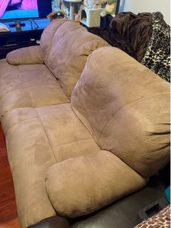 ONE WEEK SPECIAL. Light brown/tan sofa and large recliner.  Very comfortable.