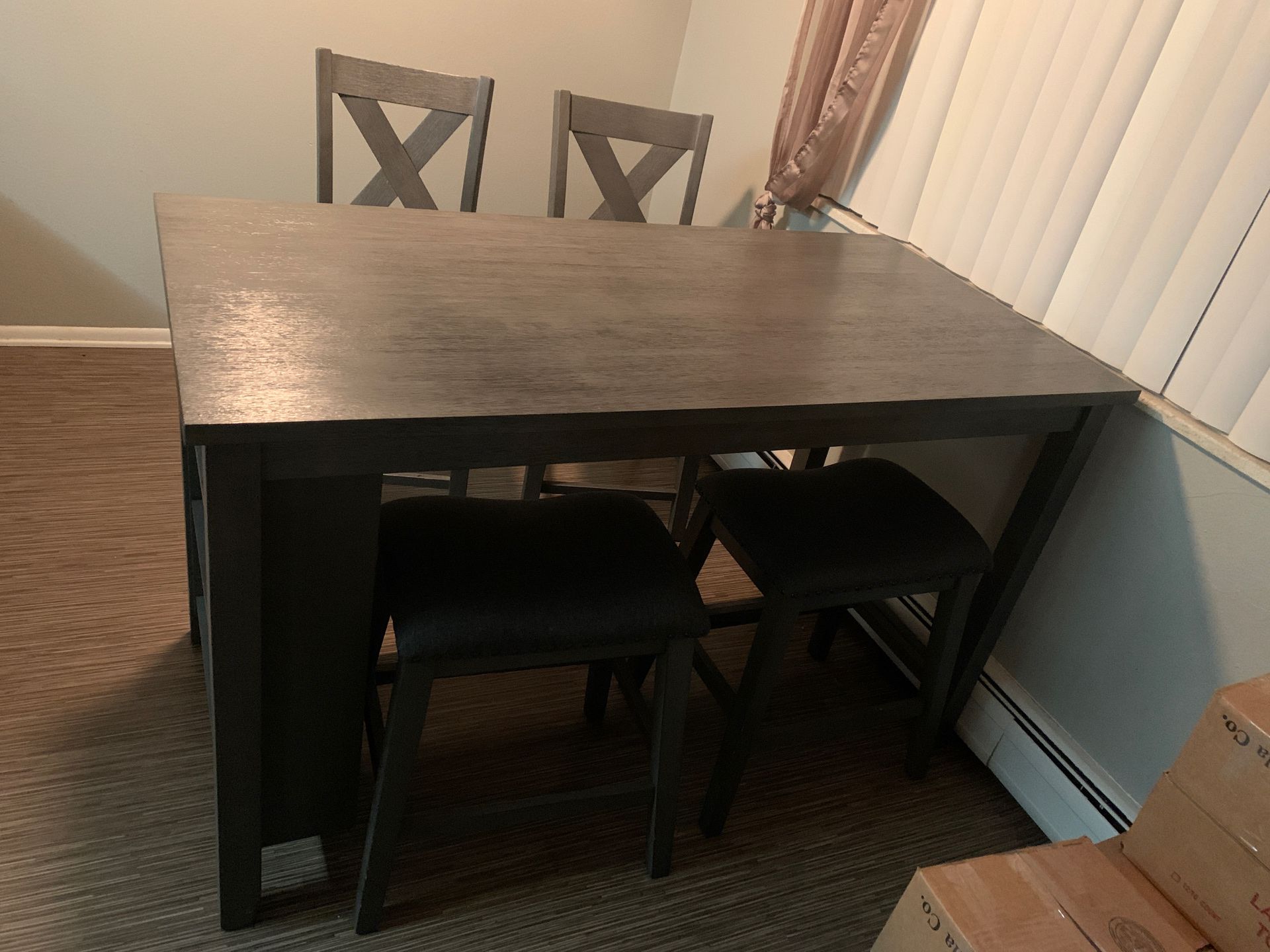 AWF dining table with two chairs and two stools
