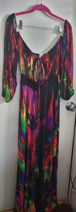 Cameo USA Multicolor Watercolor Print Off-the-Shoulder Maxi Dress Size L