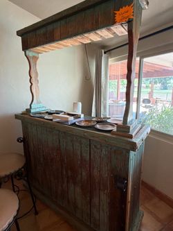 Rustic Reclaimed Wood Home Bar with Canopy and Stools