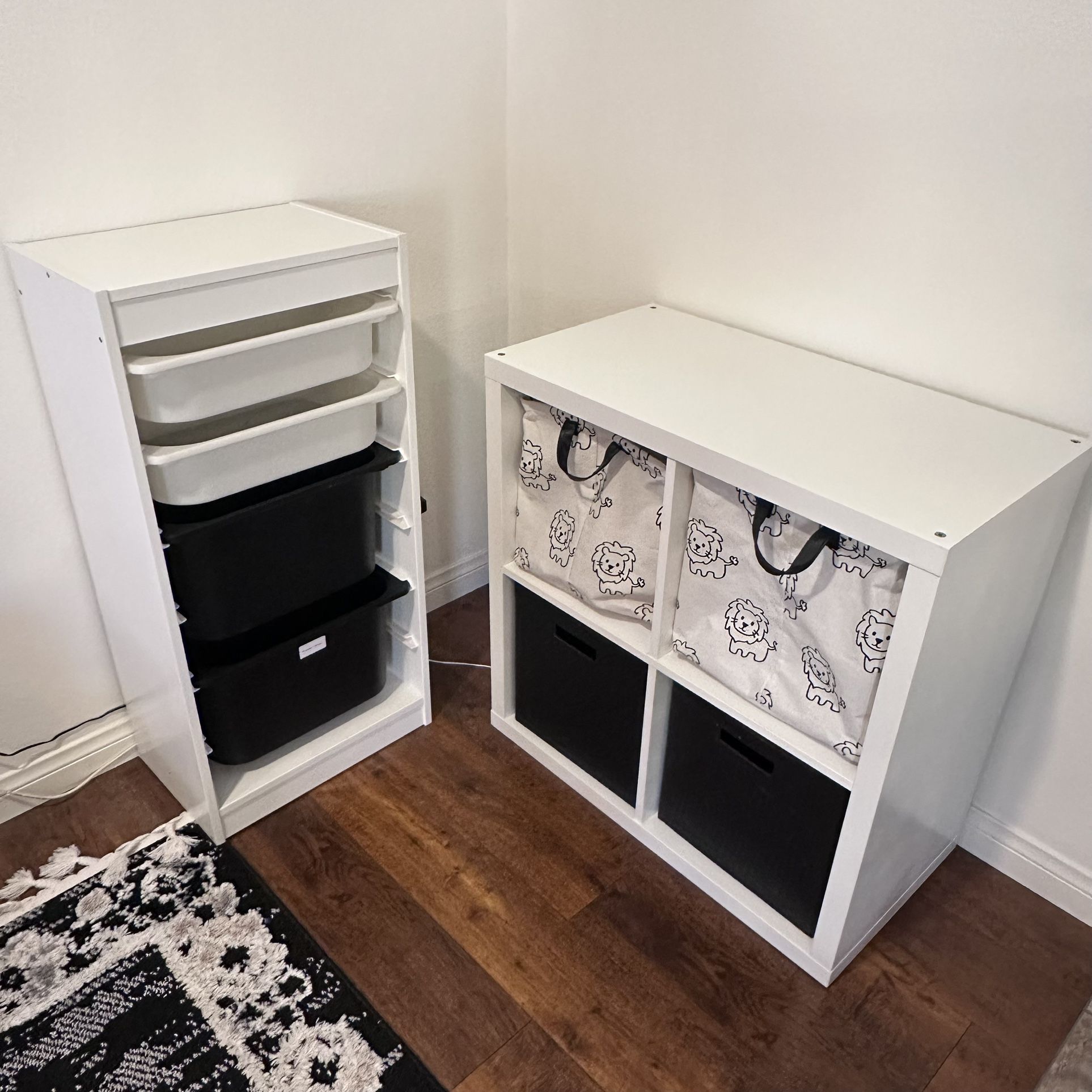 Two White Toy Organizers With Bins, Vertical And Square
