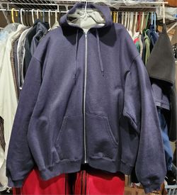 Mens CHAMPION athletic Long-Sleeved Hoodie Sweater in all dark blue color with front pockets, zipper and draw strings. 2XL SIZE. Cash 💸 only, please.