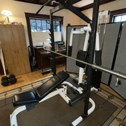 Power Rack with Weight Stack, Bench, Barbell