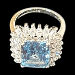 Vintage Nolan Miller Blue Crystal Rhodium Silver-tone Cocktail Ring Size 7.5