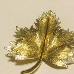 Vintage Signed Sarah Cov, Leaf Brooch Pin Gold tone 3 X2