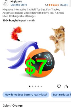 Migipaws Interactive Cat Ball Toy Set, Fun Tracker, Automatic Rolling Chase Ball with Fluffy Tail, A Small Mice, Rechargeable (Orange)