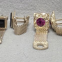 2 Pair Mesh Cuff Links. 1 Black Glass, 2nd Fusha Rhinestone