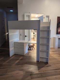 White Loft Bed with Desk and Drawers