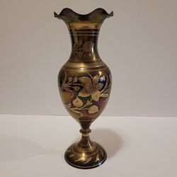 Vintage Brass Vase Etches Flowers India