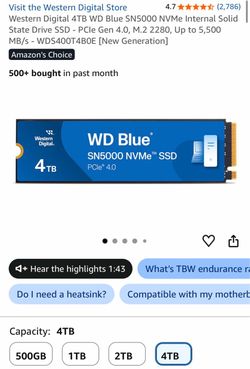 WD Blue SN5000 4TB NVMe SSD + PS5 Heatsink – $400 OBO