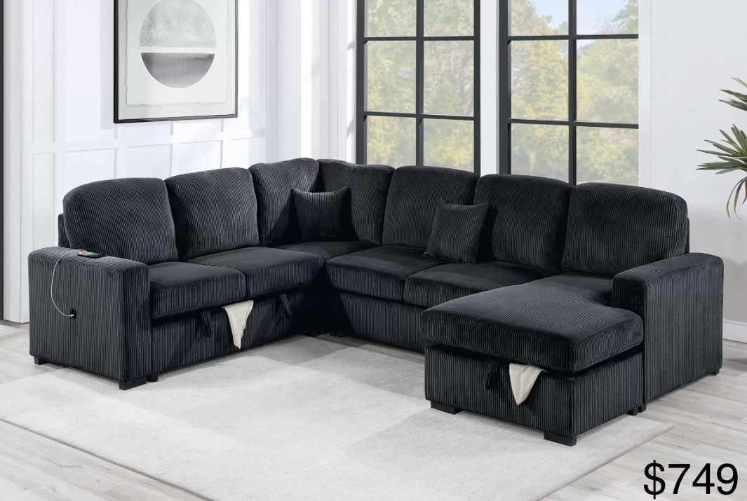 Black Black Corduroy Sectional Sleeper Sofa Pull Out Bed With Storage