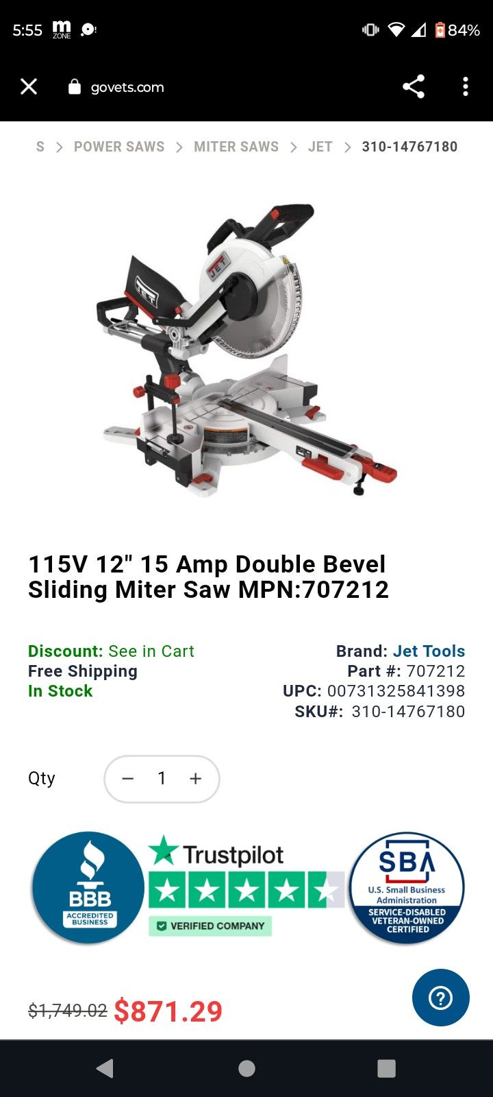 JET 12 INCH MITER SAW 115V