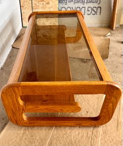 Vintage MCM Oak & Smoked Glass Coffee Table