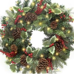 Christmas Wreaths for Front Door,Christmas Decorations,Outdoor Christmas Wreath,24 Inch Pre-lit 50 LED Battery Operated Artificial Wreath Flocked, ZS-