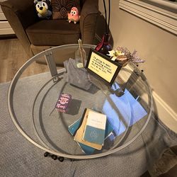 Modern Round Glass Coffee Table. Two Tier. Metal Frame