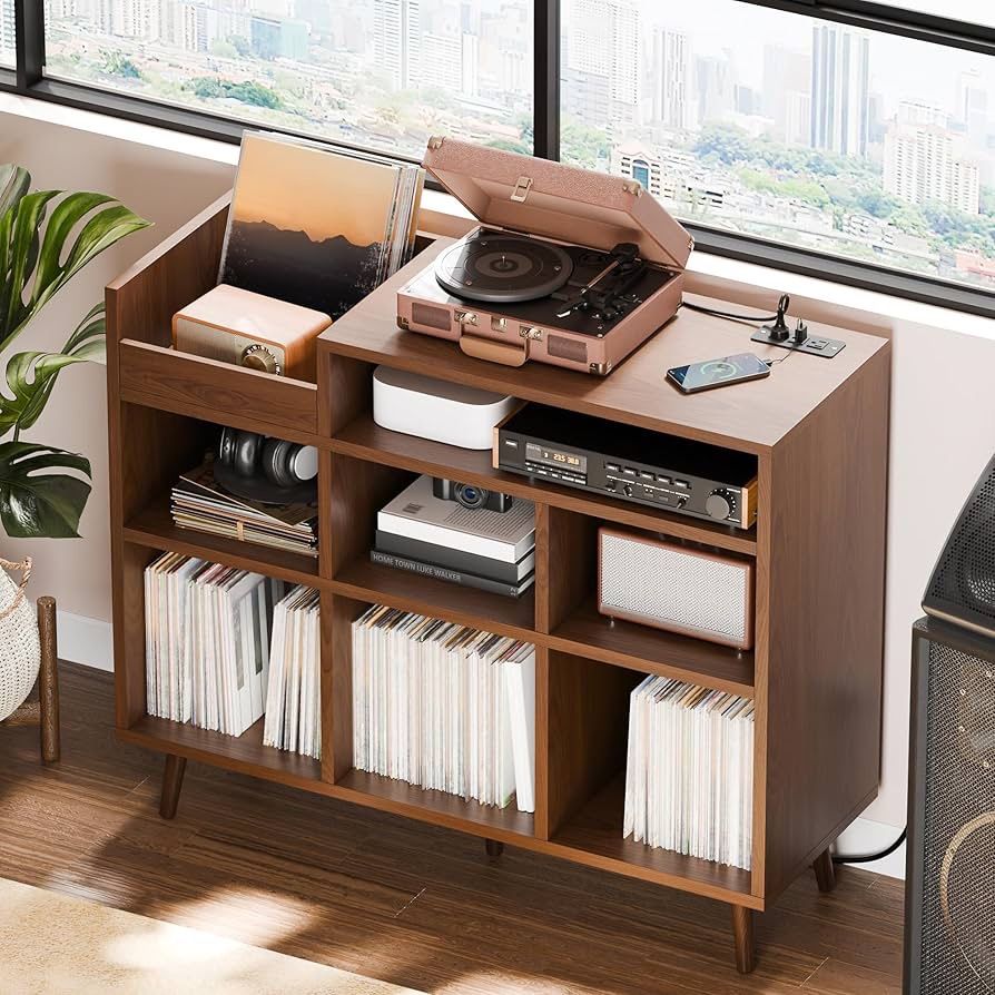 Record Player Stand, Turntable Shelf with Vinyl Storage up to 500 Albums, Vinyl Record Player Shelf with Power Outlet Sideboard Buffet Cabinet with St