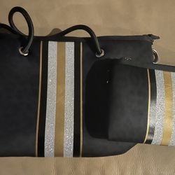 Neoprene Tote Bag - Black With Silver/gold Stripes
