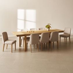 2374 $900 mopio Logan 7Piece 8 Seater Upholstered Extendable Dining Table Set Beige Dining Chair Set of 6, Modern Farmhouse Solid Wood 7 Piece 104" fo