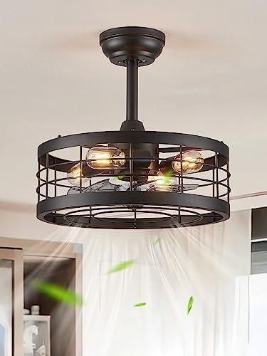 LEDIARY 16.5 inch Black Caged Ceiling Fan with Light, Fandelier Industrial Ceiling Fan with Remote, Farmhouse Fan Lights Ceiling Fixtures for Kitchen,