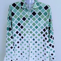 Men’s Green Geometric Print Button-Up Shirt – Long Sleeve Collared Casual & Smart Shirt