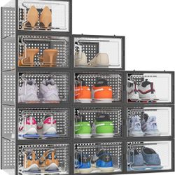 HOMIDEC 12 Pack Shoe Storage Box, Shoe Organizer for Closet, Clear Plastic Stackable Shoe Box, Foldable Shoe Rack Shoe Organizer for Closet Under Bed 