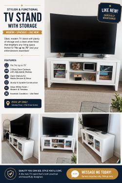 STYLISH WHITE TV STAND WITH STORAGE – Like New!