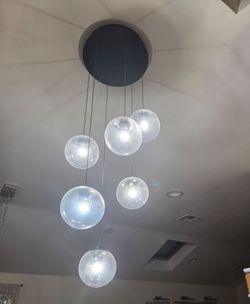 87in Modern Glass Globe Chandelier 6-Lights Glass Pendant Light for Staircase Silver Globe Chandelier Clear Glass Hanging Lighting for Living Room Bed