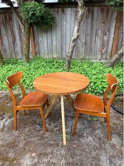 West elm bistro tripod table for sale with two chairs in walnut