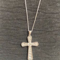 Silver Stamped  925 Necklace 22” Chain And Cross With Crystal 