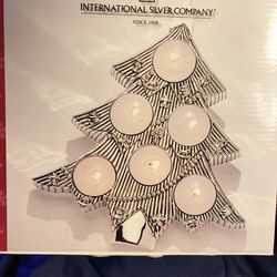 Intl. Silver Company Christmas Tree Tabletop Tealight Candle Holder Silverplate with candles