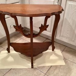 1930s Mahogany Half Moon Entry Table 2 Tiers Solid Wood Ornate Carvings Sturdy