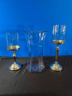 2 Victorian Style Candle Holders & a Large Glass Vase