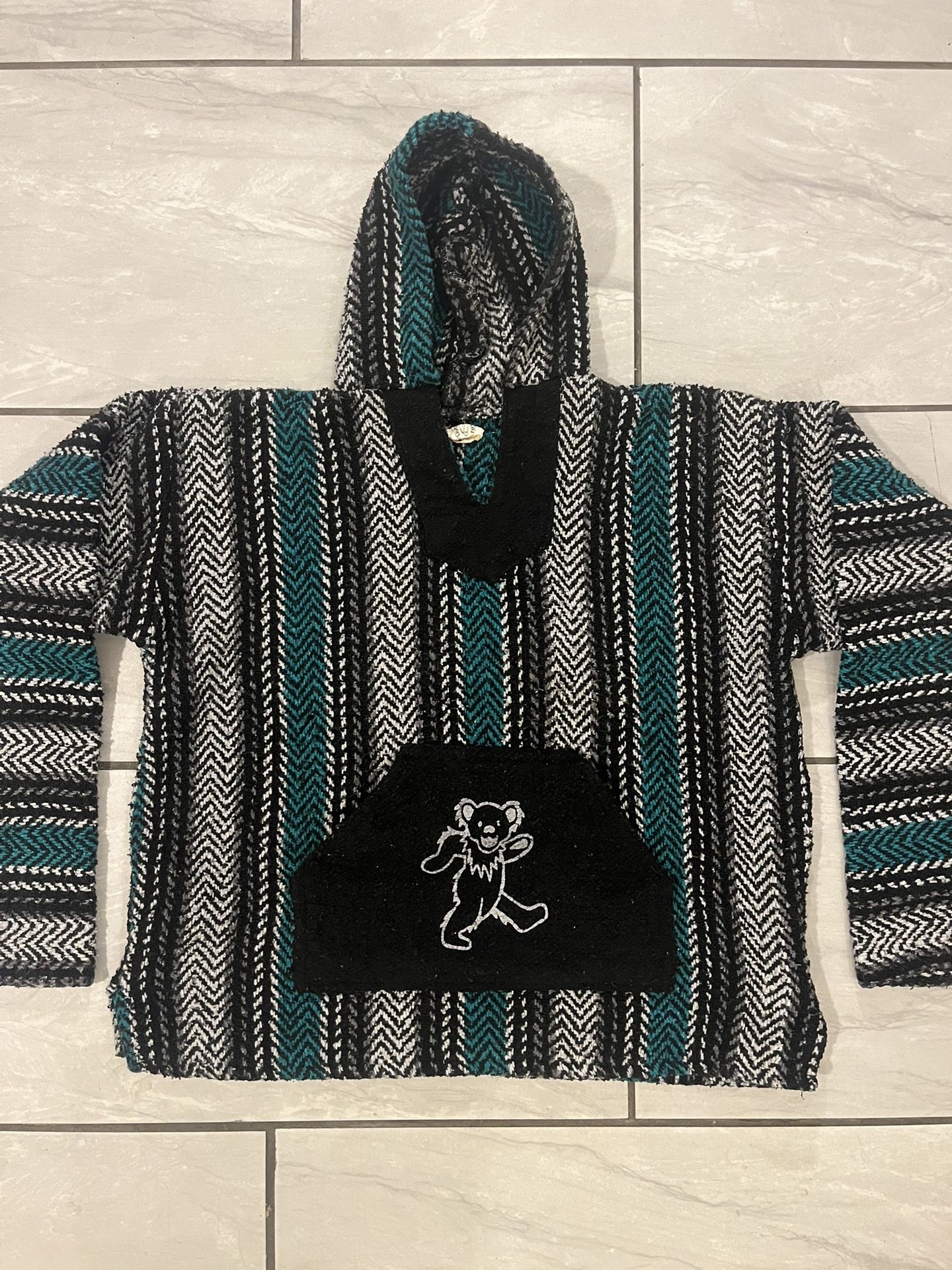Grateful Dead Bear Drug Rug Pullover Poncho Baja Hoodie Size Large Y2K Eagles