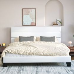 King Size Platform Bed Frame with Velvet Upholstered Headboard and Wooden Slats Support, Fully Upholstered Mattress Foundation/No Box Spring Needed/Ea