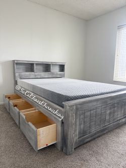 Grey Full Bed With Mattress And Drawers
