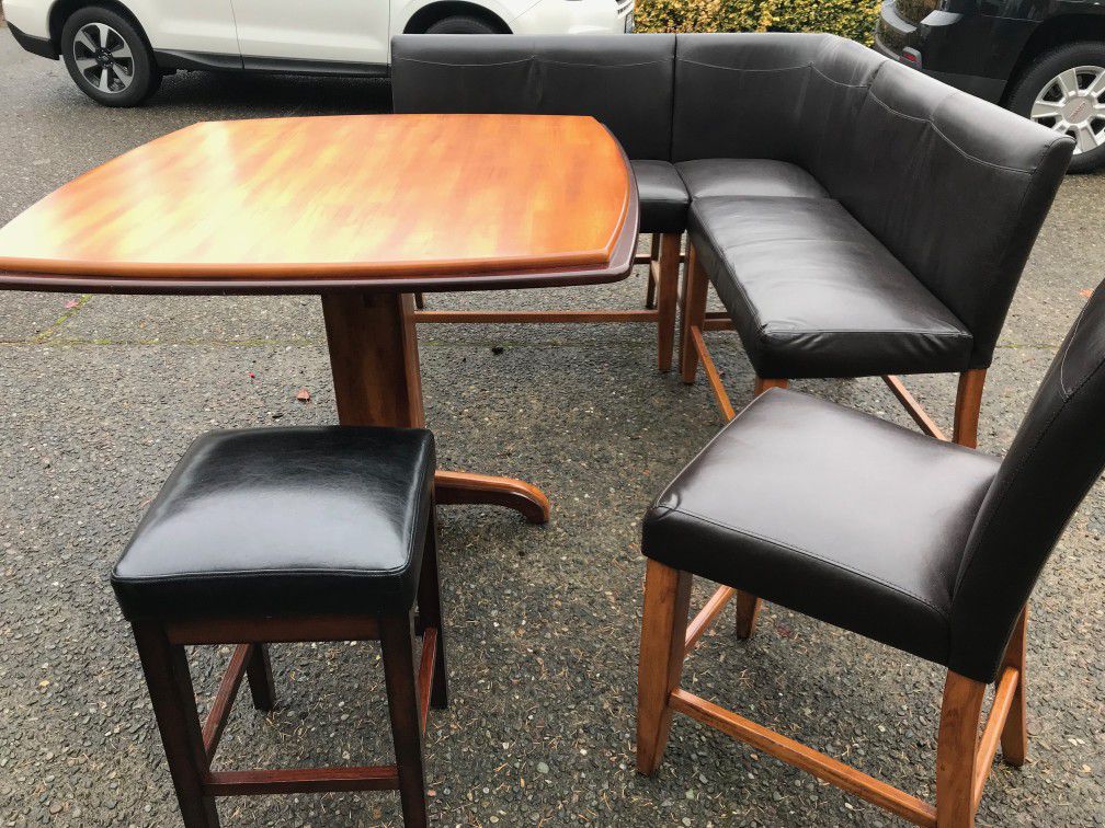 High Table Kitchen Set with Benches and Chairs Leather - Very Good Condition