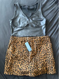 Black Faux Leather Crop Top + Leopard Print Skirt Shorts