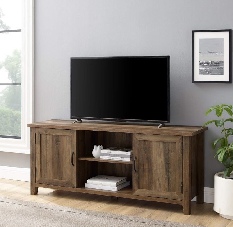 Buren Classic Grooved Door TV Stand for TVs up to 65 Inches, 58 x 16 x 24 inches, Rustic Oak