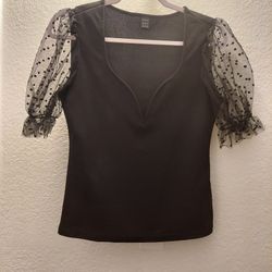 Black Lace Blouse Sheer Sleeves Size M