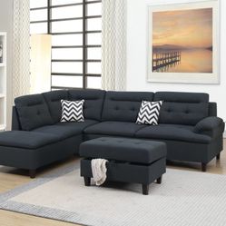 Ebony Black 3-Piece Sectional Set W/ Ottoman
